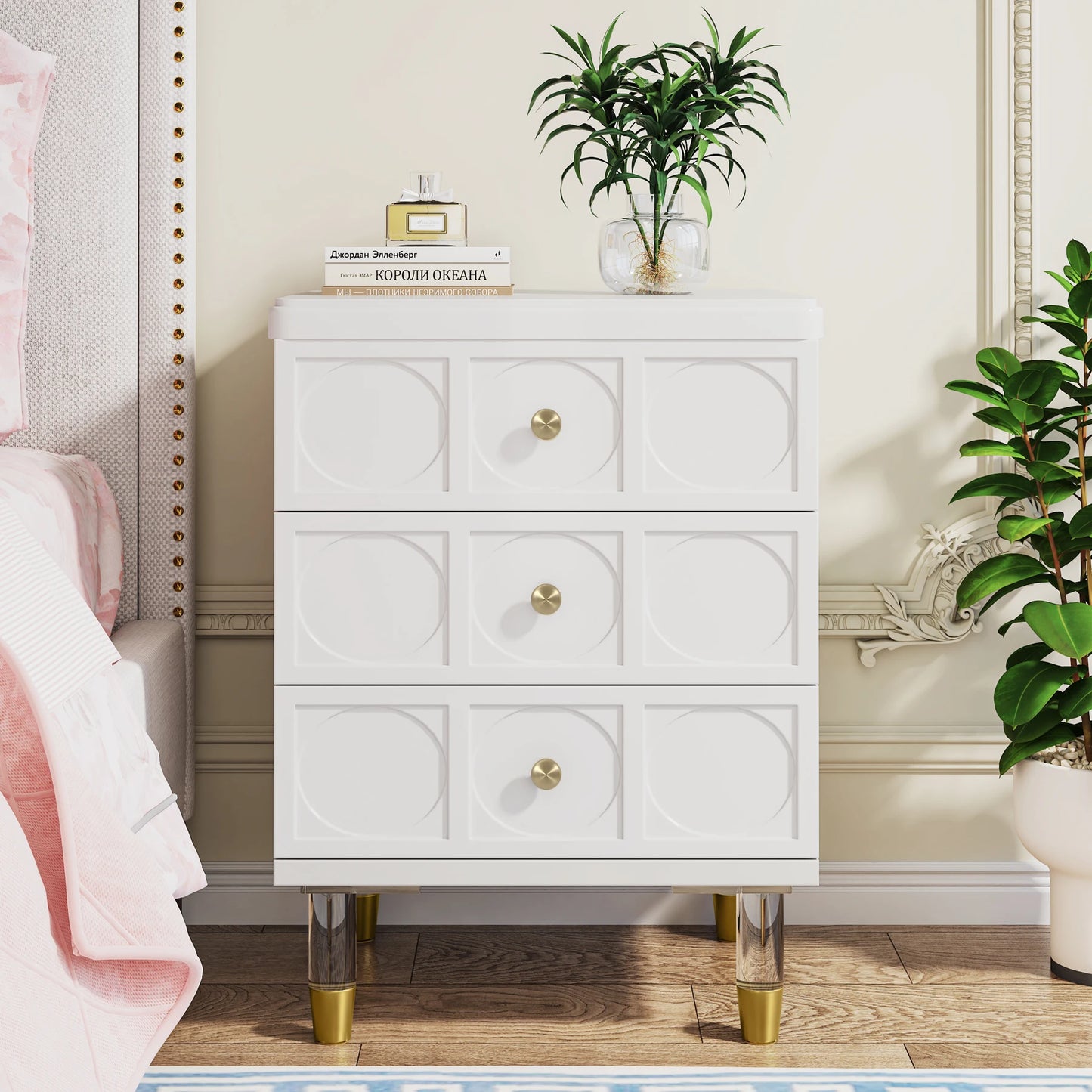 Tribesigns 3-Drawer Nightstand Tall White and Gold Bedside Table with Drawers, Versatile Modern White Night Stand with Storage