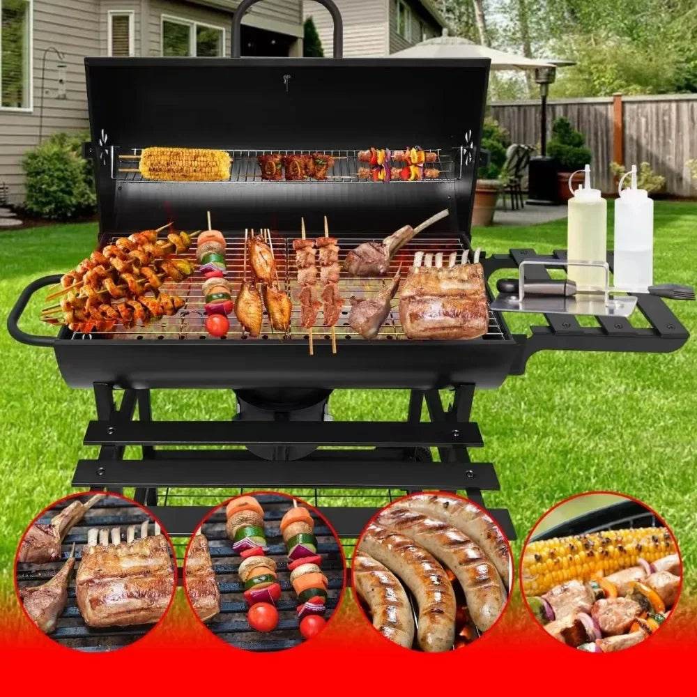 Charcoal BBQ Grill, 2 Foldable Side Tables, 28-Inch - Loft&Timber
