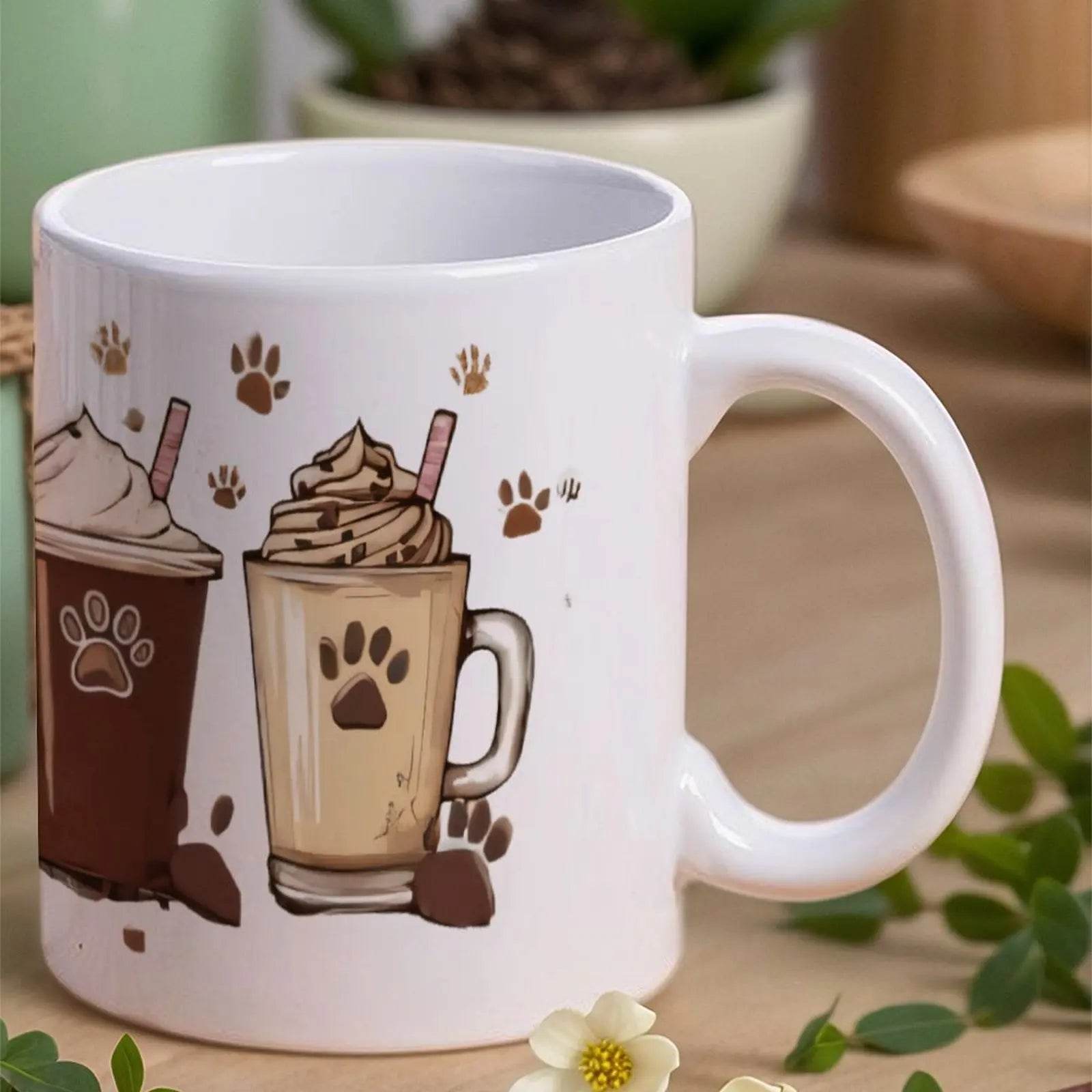 Four Coffee Cups With Paw Prints And Ice Cream. Coffee Cups, 330ml White Ceramic Sublimation Cups - Loft&Timber