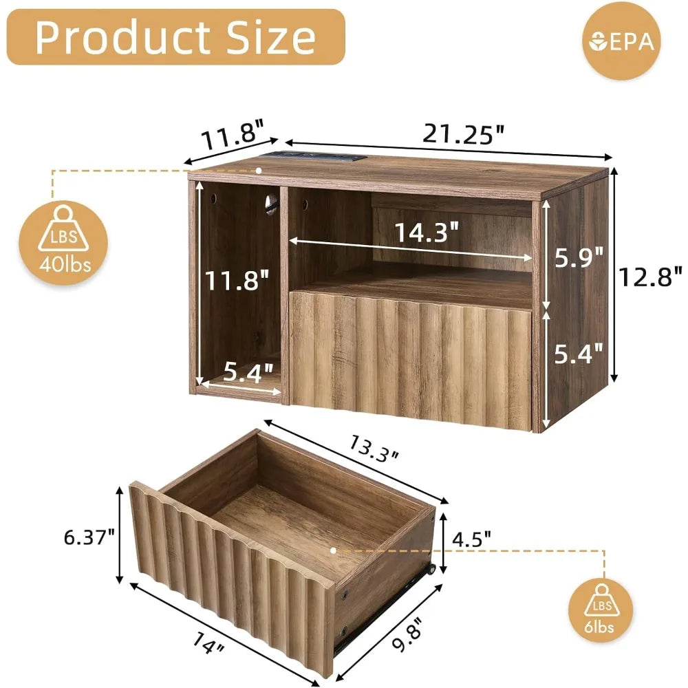 Floating Nightstand with Charging Station - Modern Rustic Brown Fluted Bedside Table with Drawer, USB Ports & Outlets (Set of 2)