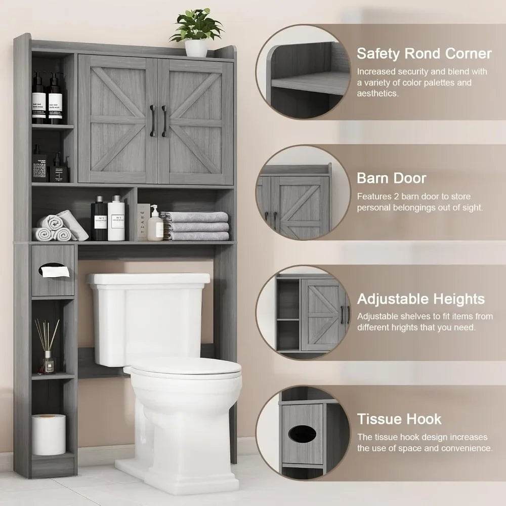 Farmhouse Style Over-the-Toilet Storage Cabinet with Dual Barn Doors, Toilet Paper Holder, and Space-Saving Design for Bathroom - Loft&Timber