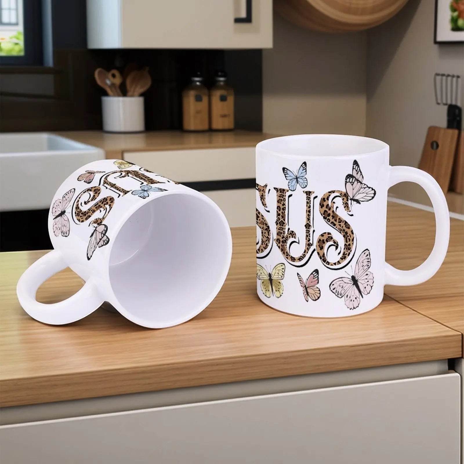 The Word Jesus Surrounded By Butterflies And Leopard Print Ceramic Coffee Mug Bible Verse Cup, 330ml Drinkware - Loft&Timber