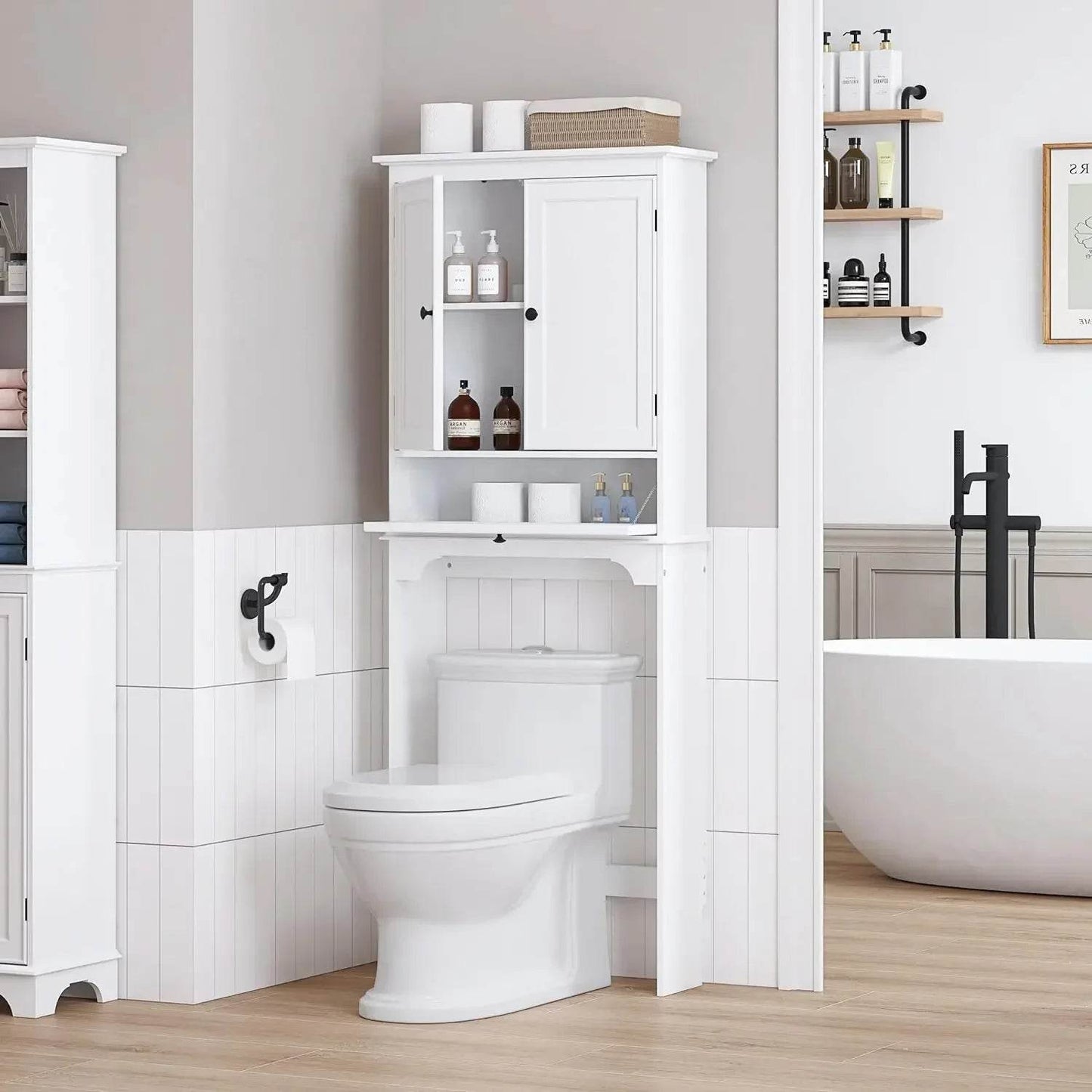 Over The Toilet Storage Cabinet, Bathroom Above Toilet Storage Cabinet with Doors and Adjustable Shelves, White - Loft&Timber