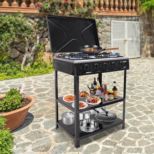5-Burner Gas Stove Outdoor Camping Cooking BBQ Grill With 2-Tier Storage Rack - Loft&Timber