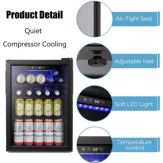 Beverage Refrigerator Cooler-85 Can Mini Fridge Glass Door