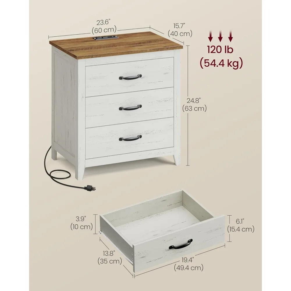 Charging Station Farmhouse Nightstand - 3 Drawer Bedside Table for Bedroom