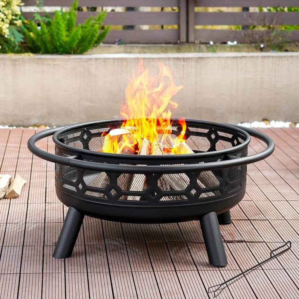 Outdoor Wood Burning Firepit with Removable Grill & Poker, Heavy Duty Metal Round Fireplace,2 in 1 Large Round Fireplace - Loft&Timber
