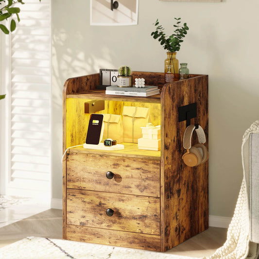 LIKIMIO Nightstand with LED, Charging Station & USB Ports - Loft&Timber