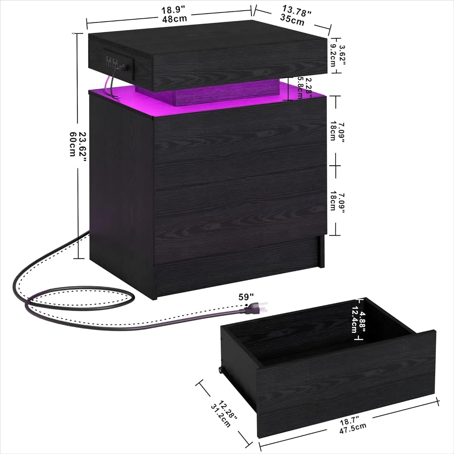 LIKIMIO Night Stand with Charging Station, Modern Nightstand with LED Light and Drawers, Bedside Tables/End Table for Bedroom