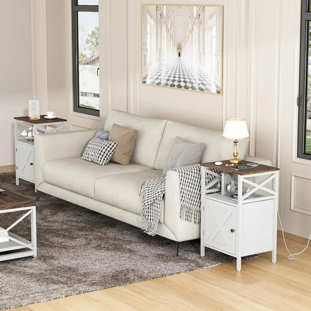 End Table Set of 2 with Charging Station, Side Table with Power Outlet & USB Ports, Nightstand with 2 Tiers Storage Space and St