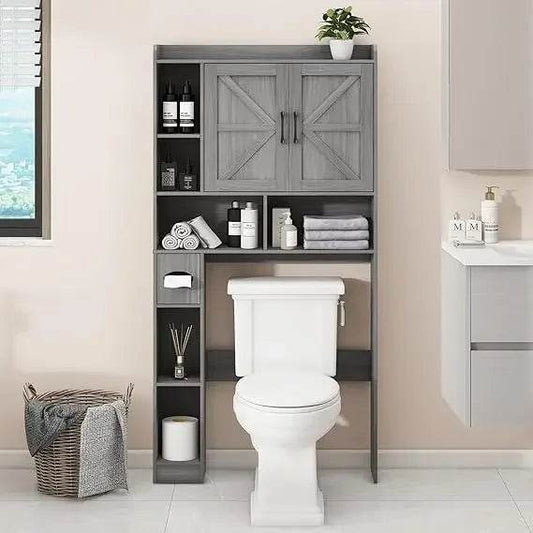 Farmhouse Style Over-the-Toilet Storage Cabinet with Dual Barn Doors, Toilet Paper Holder, and Space-Saving Design for Bathroom - Loft&Timber