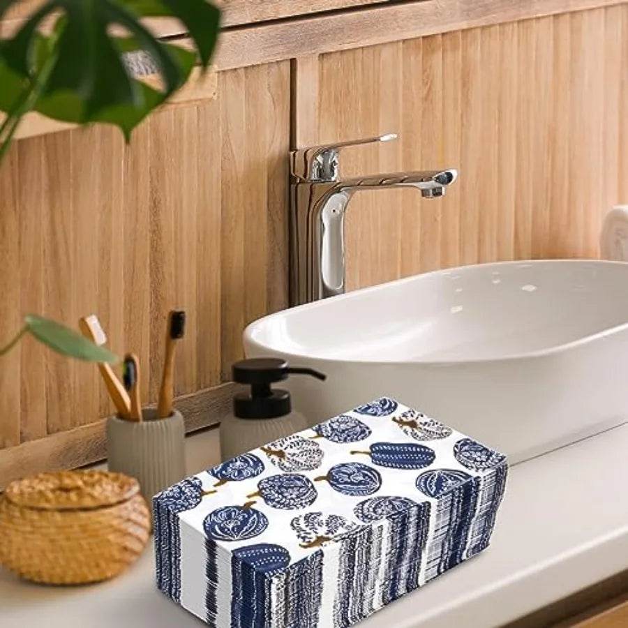 80 Pack Porcelain Pumpkins Guest napkins Disposable Blue Botanical Leaves - Loft&Timber