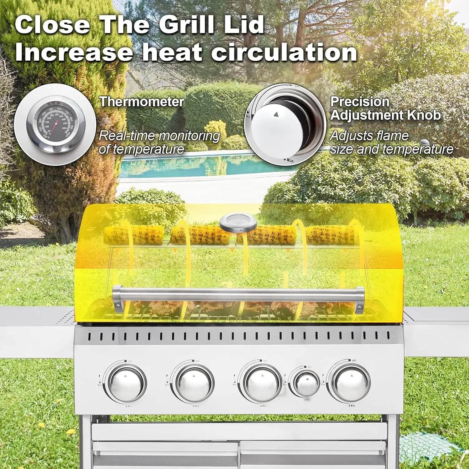 Stainless Steel 4 Burner BBQ Propane Gas Grill with Cast Iron Grates & Side Stove, Stainless Steel 44000 BTU Burner - Loft&Timber