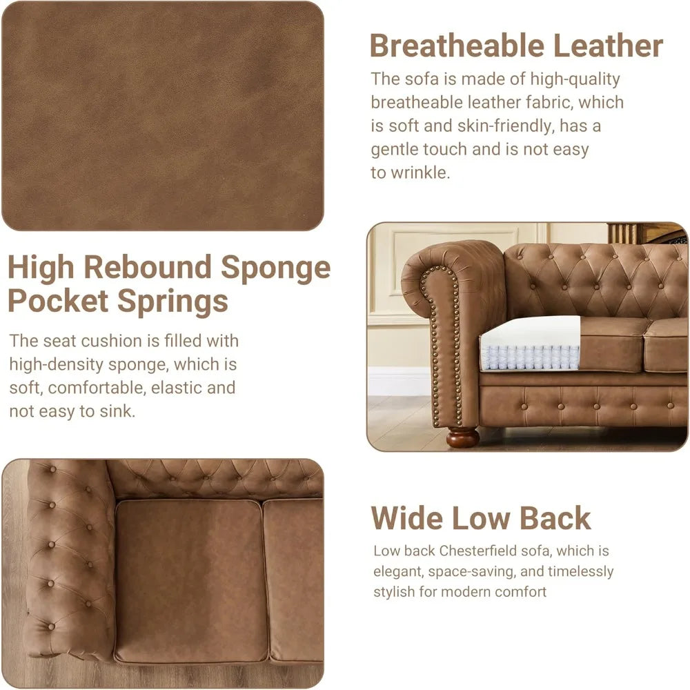 Chesterfield Leather Sofa, 89" Mid Century Modern Couch with Low Back - Loft&Timber