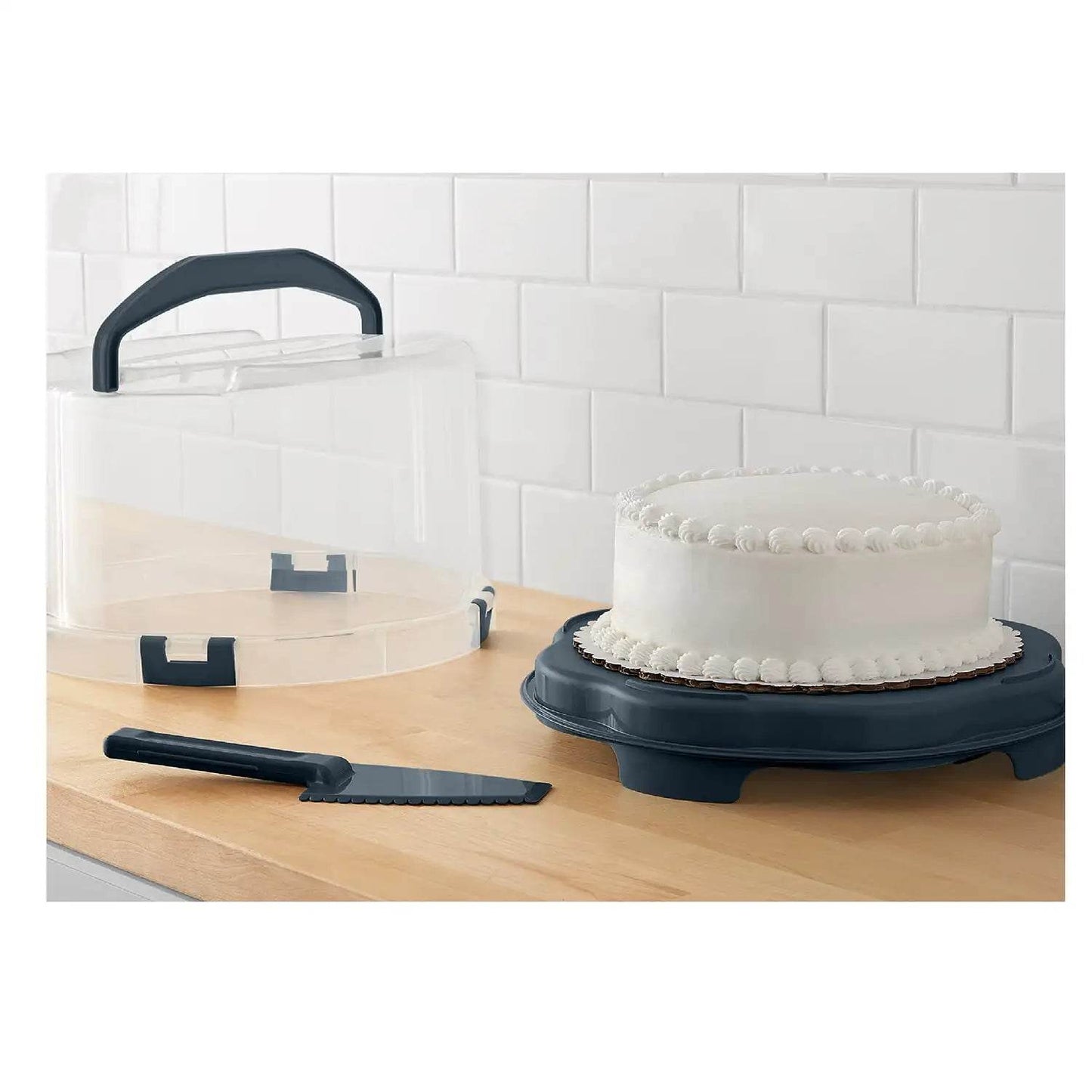 Round Plastic Cake and Cupcake Holder with Gray Handle - Loft&Timber