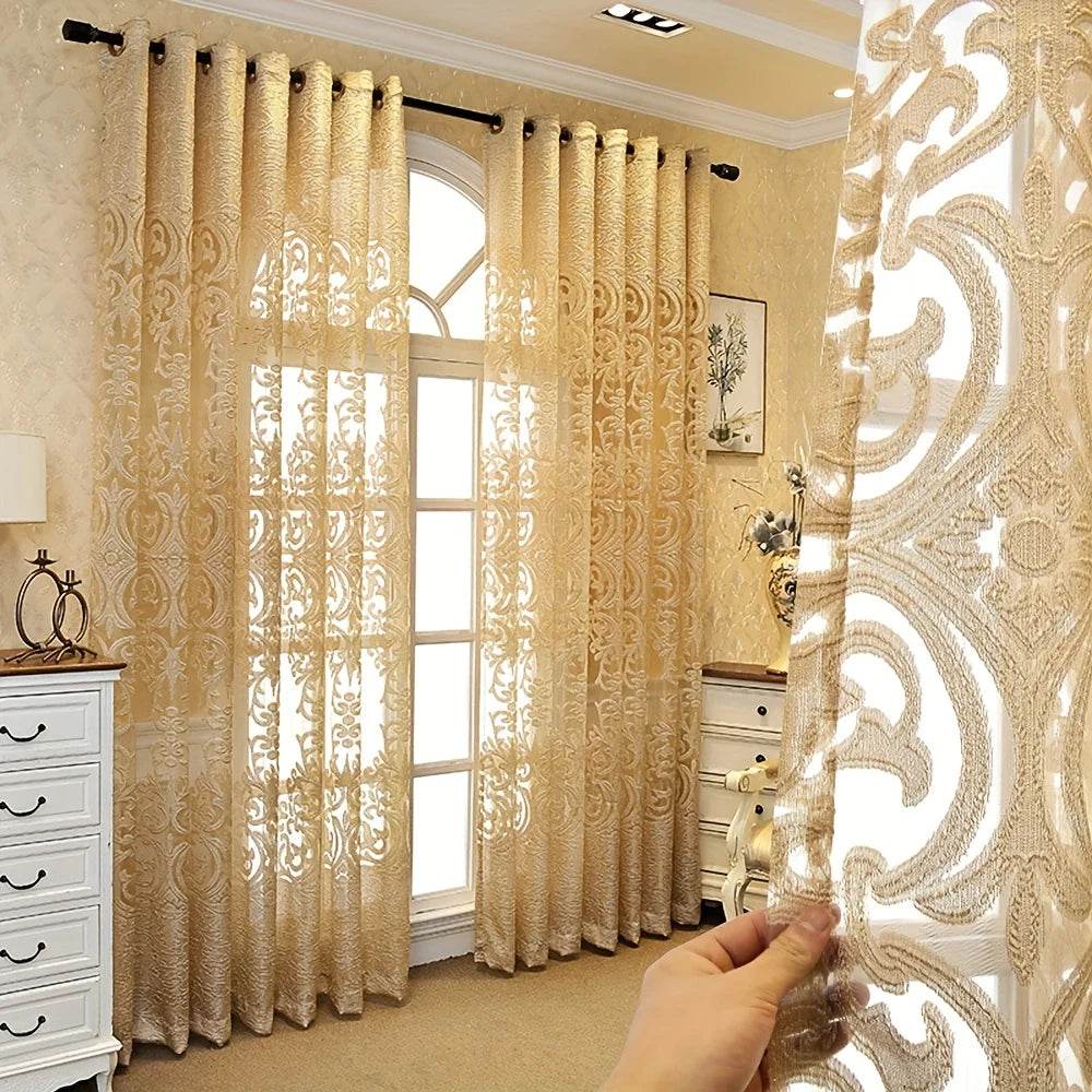 2pcs Luxury European Style Embroidered Curtain, Hollow Lace in Golden - Loft&Timber