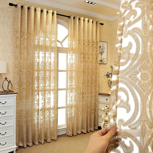 2pcs Luxury European Style Embroidered Curtain, Hollow Lace in Golden - Loft&Timber
