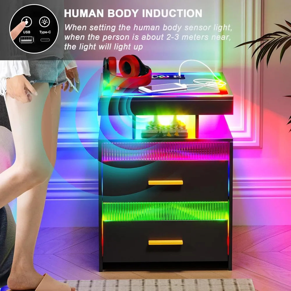 RGB LED Night Stand with Wireless Charging Station, Modern Bedside Table with Human Body Sensor Light, Smart Nightstand with Gl