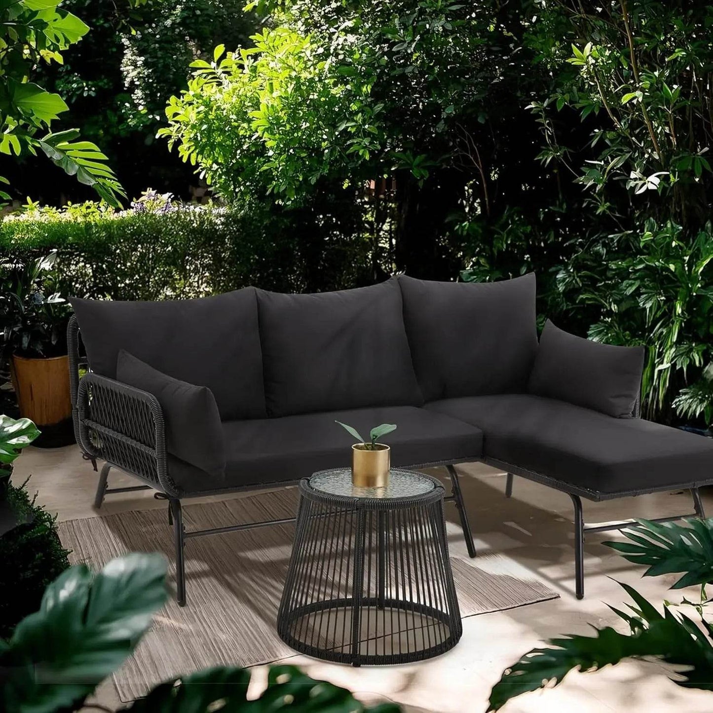 3-Piece Outdoor Patio Furniture Set, L-Shaped Rattan Sectional Sofa with Thick Cushions - Loft&Timber