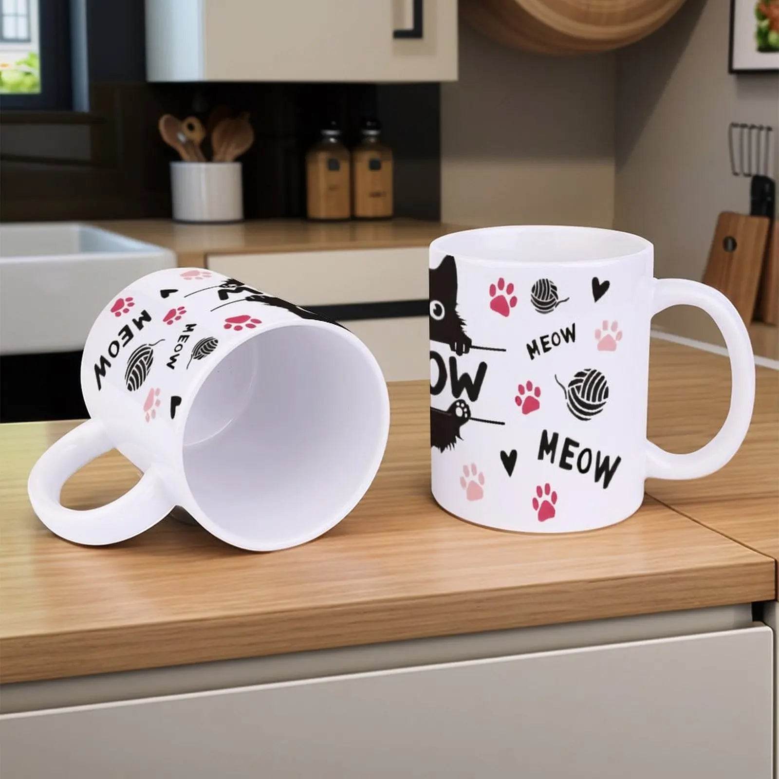 A Black Cat Sitting On Top Of A Bar With Paw Prints And The Word Meow Cup, 11oz Ceramic Cup - Loft&Timber