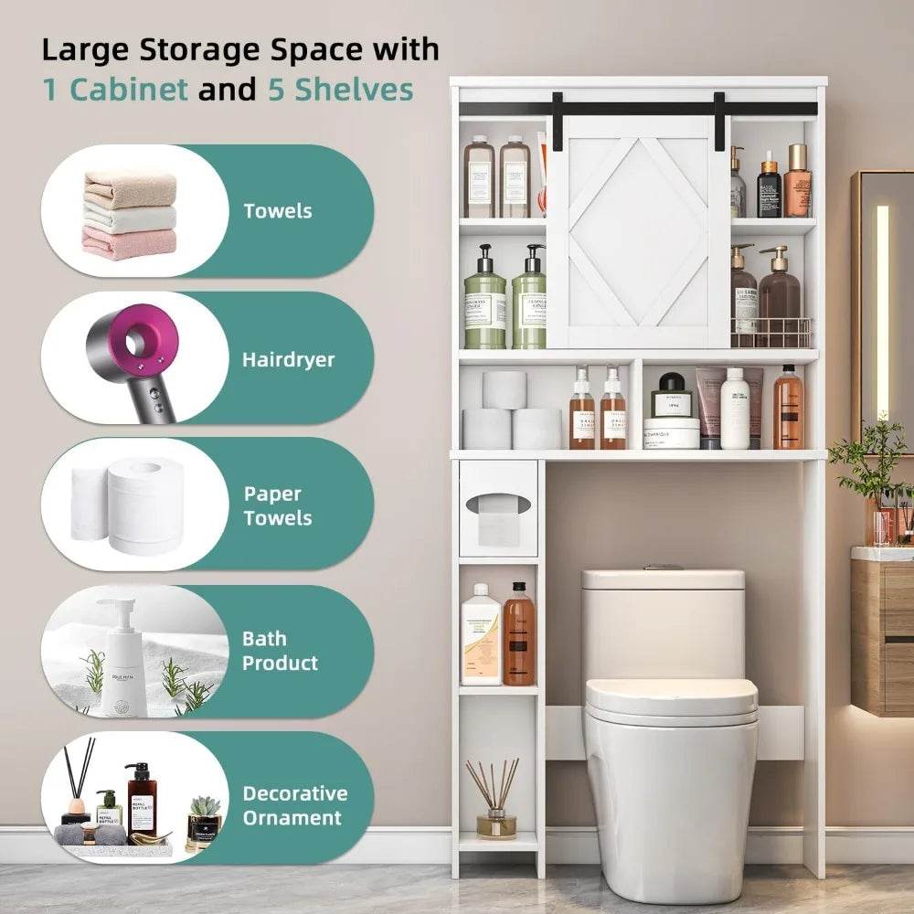 farmhouse style toilet storage cabinet with sliding barn door and integrated toilet paper stand organizer - Loft&Timber