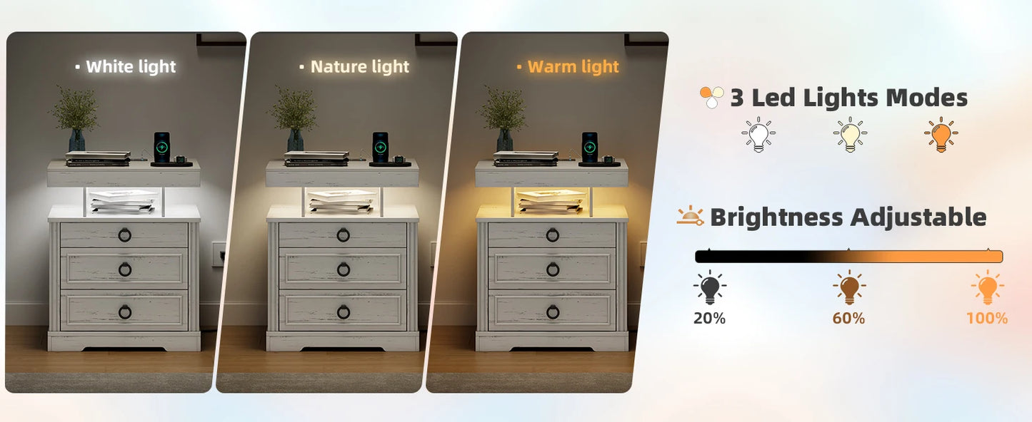 JDPAG Farmhouse Nightstand with Lockable Gun Drawer,3 Color Dimmable LED End Table with Charging Station,Bedside Table with Huma