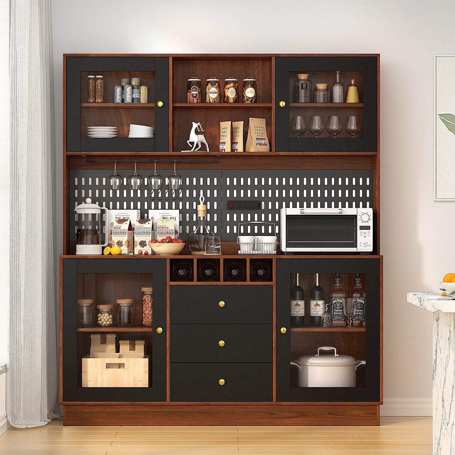 Pantry Cabinet, Kitchen Storage Cabinet, Freestanding Buffet Hutch with Pegboard, Cup Holder, Power Outlet, Black - Loft&Timber