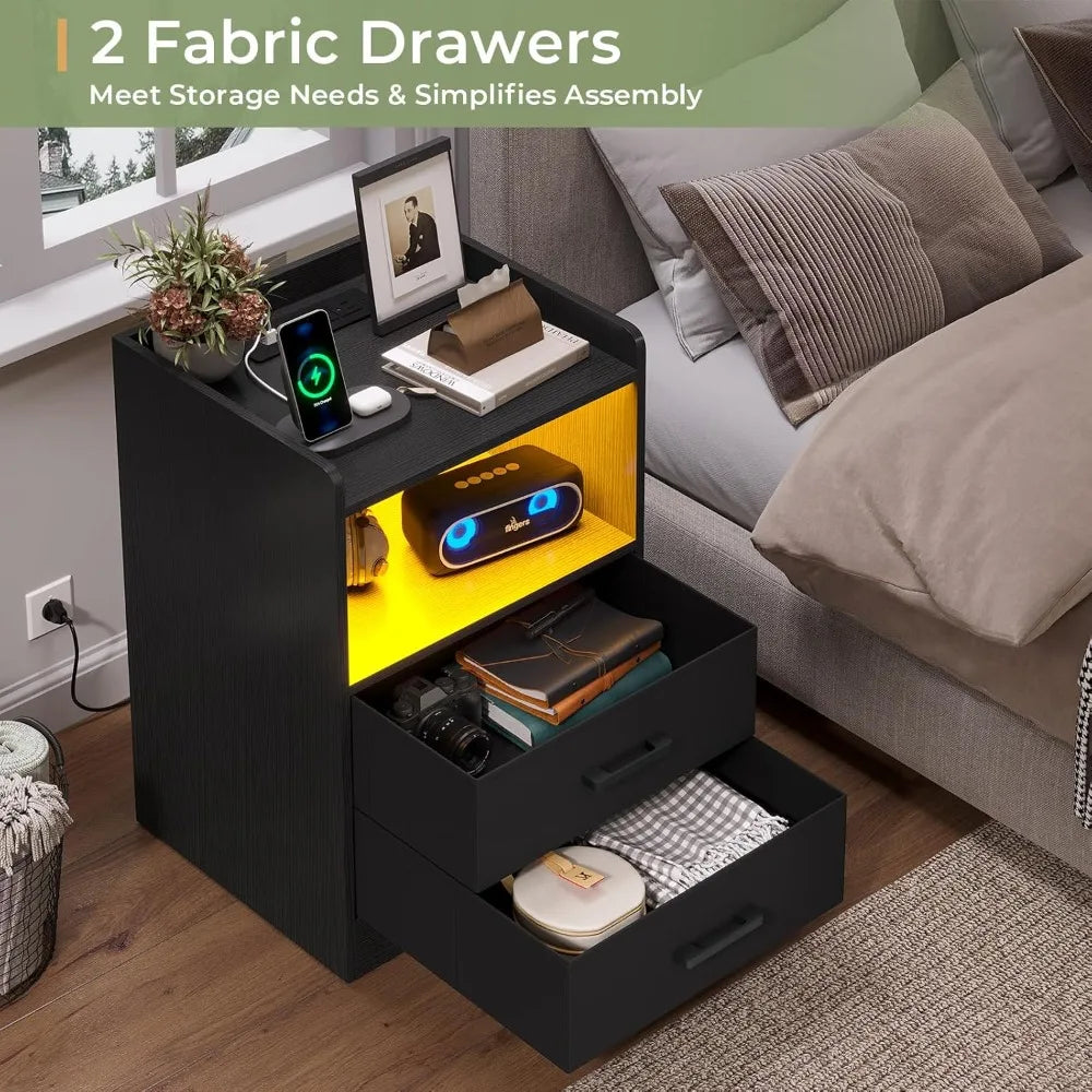 Night Stand Set of 2 with LED Lights and Charging Station, Modern Bedside End Table with 2 Fabric Storage Drawers, Black