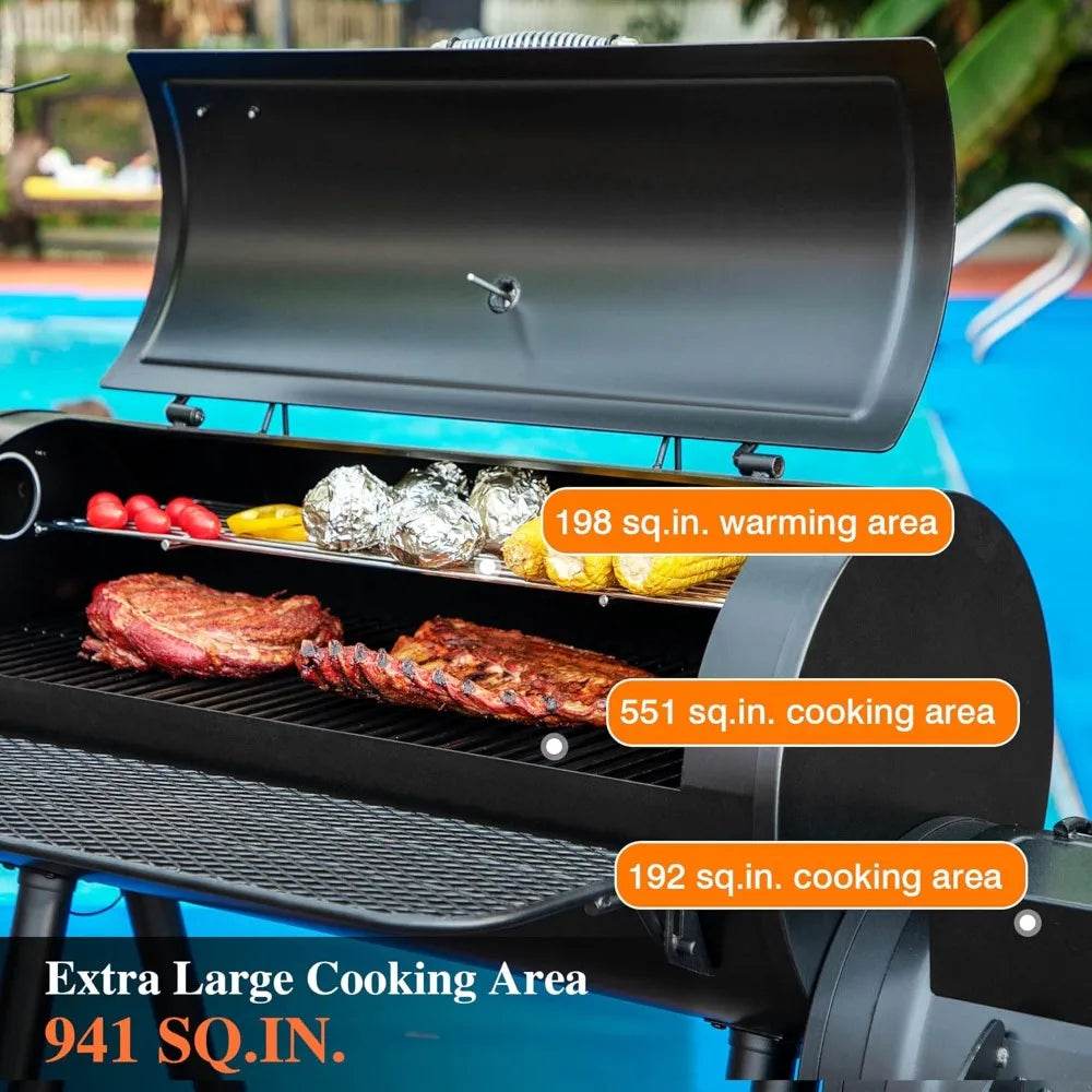 Heavy-Duty Charcoal Smoker Grills Extra Large Outdoor BBQ Gill with Offset Smoker, 941 SQ.IN. Cooking Area with Warming Tray - Loft&Timber