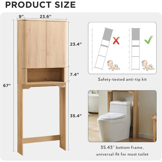 67 Tall Wooden Over-the-Toilet Storage Cabinet with Adjustable Shelves and Handleless Double Doors