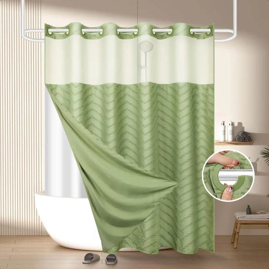 No Hook Shower Curtain and Snap in Liner Set Sage Green Tufted Chevron