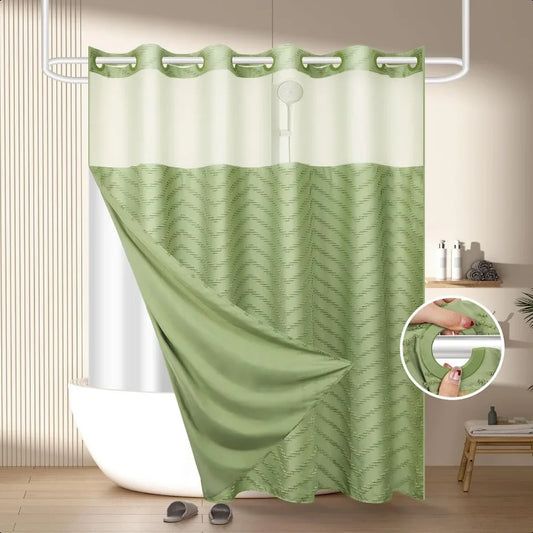 No Hook Shower Curtain and Snap in Liner Set Sage Green Tufted Chevron