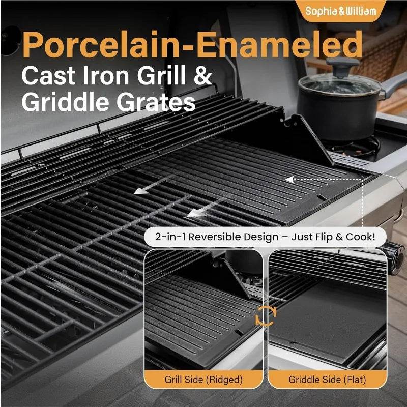 6-Burner Propane BBQ Grill, Porcelain Cast Iron Grates & Side Burner, Black - Loft&Timber