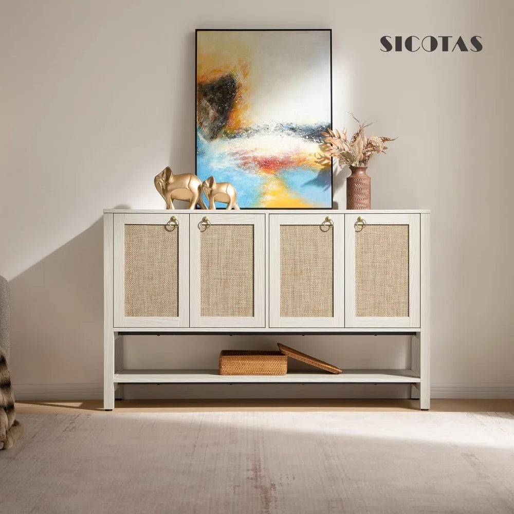 55" 4 Door Rattan Sideboard Buffet Cabinet with Open Storage - Loft&Timber