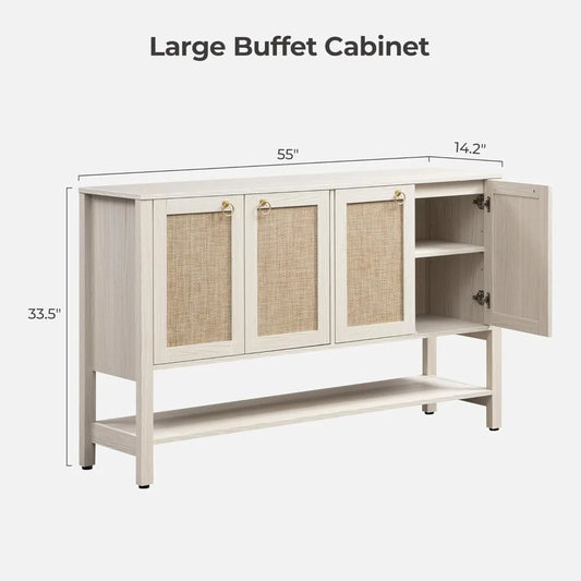 55" 4 Door Rattan Sideboard Buffet Cabinet with Open Storage - Loft&Timber