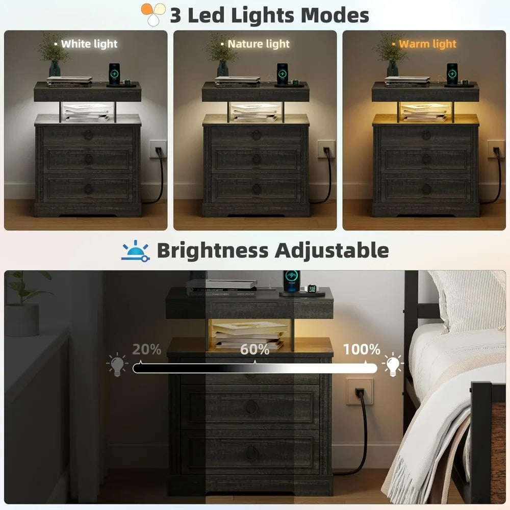 Nightstand with Gun Drawer, LED Bedside Table with Charging Station, Modern Night Stand with Human Sensor Design, Smart E