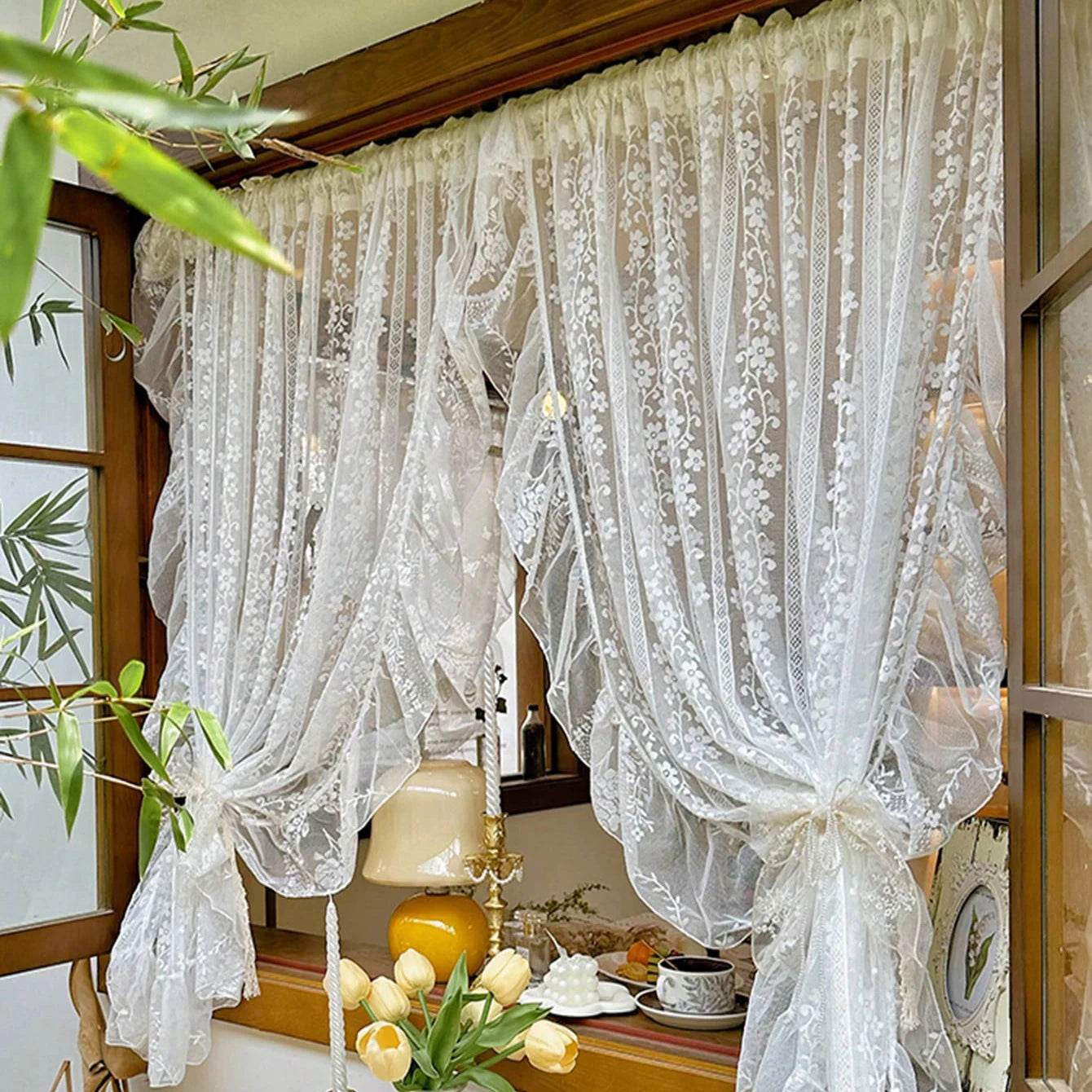 2PC White Embroidered Lace Curtain - Loft&Timber