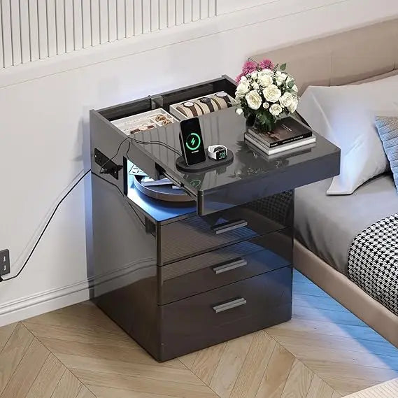 Contemporary LED Nightstand with Secret Compartment, Sleek Charging Station Night Stand, 3-Drawer Intelligent Nightstand with Gl