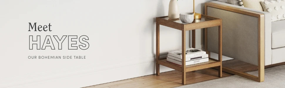 (UUX)Hayes Solid Nightstand, Bedside, End or Side Table in Light Brown Wood Finish & Glass Top with Open Storage Shelf, UQ