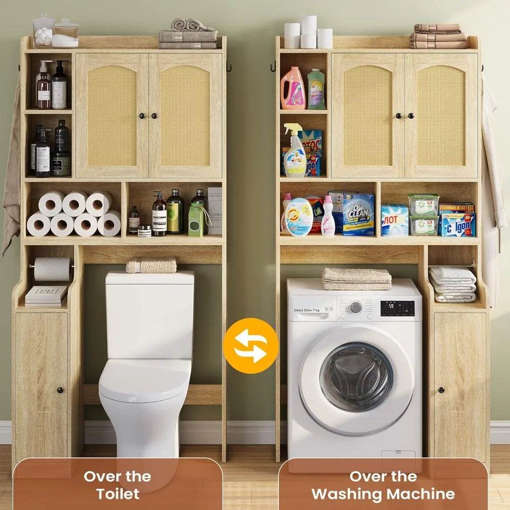 farmhouse style rattan bathroom storage cabinet with over-the-toilet organizer and barn door design - Loft&Timber