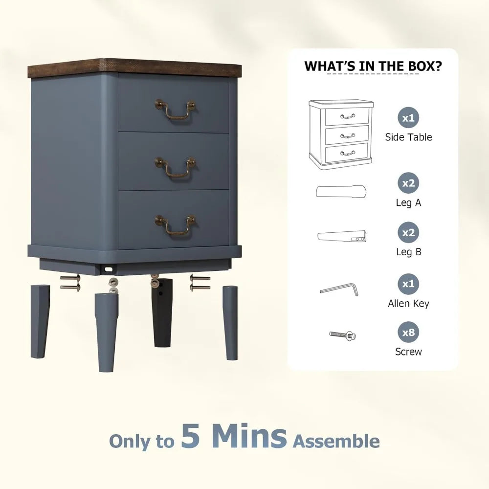 Farmhouse Nightstand with 3 Drawers,Modern Bedside Table with Round Curved Corner and Metal Handles, Wood End Side Table for Li