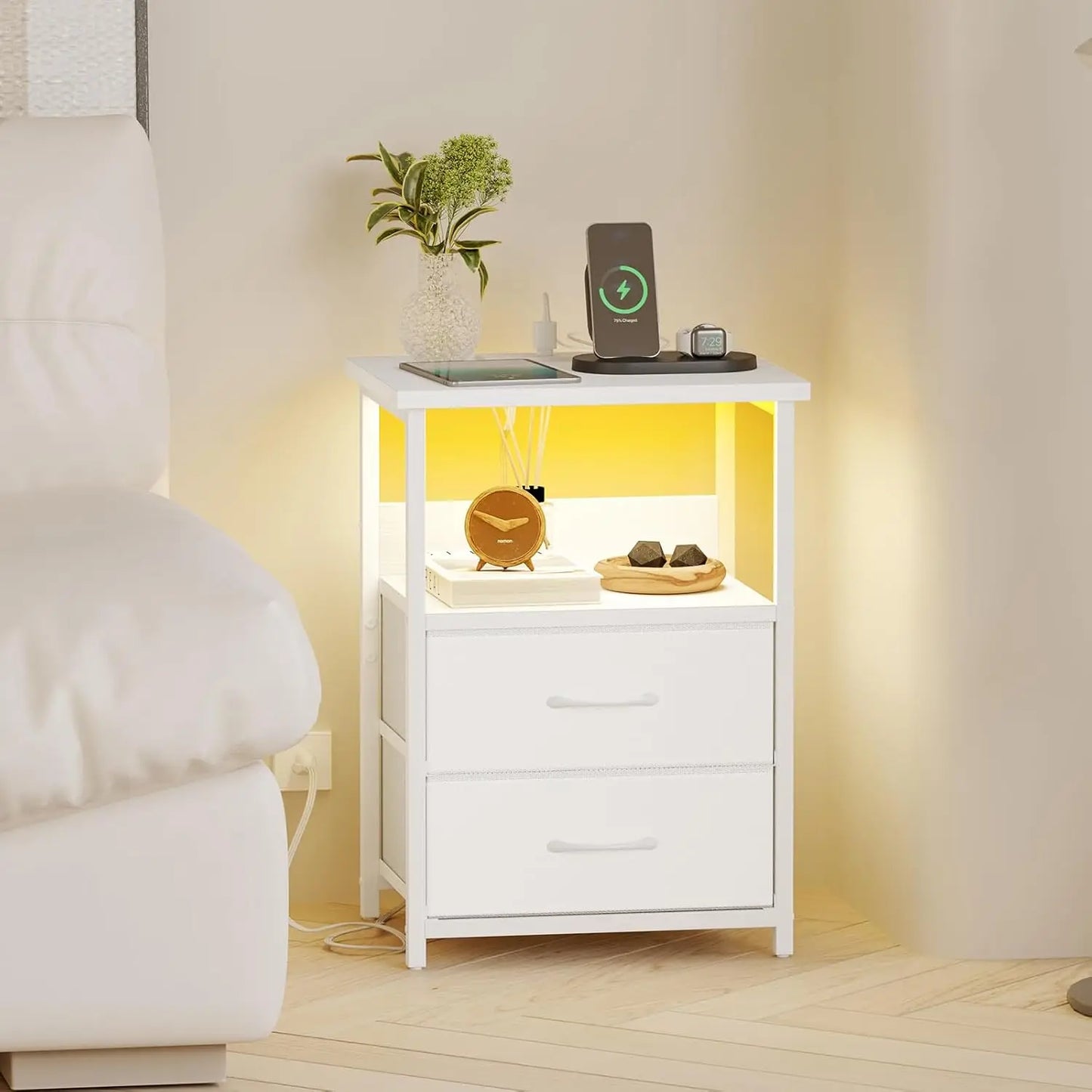 Nightstand Set of 2 Night Stand with Charging Station, LED Nightstand with Fabric Drawers, End Table with PU Finish, Bed Side Ta
