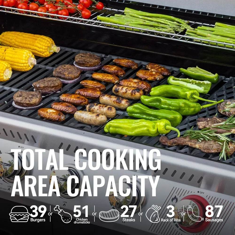 6-Burner BBQ Liquid Propane Gas Grill in Olive Green, with Sear Burner and Side Burner, 74,000 BTU, Cabinet Style Grill - Loft&Timber