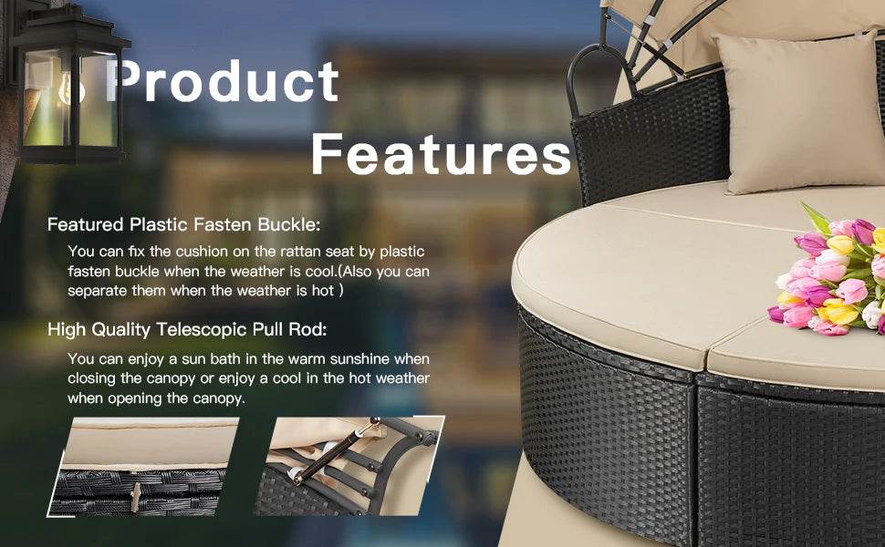 Patio Outdoor Daybed with Retractable Canopy Rattan Wicker Seating - Loft&Timber