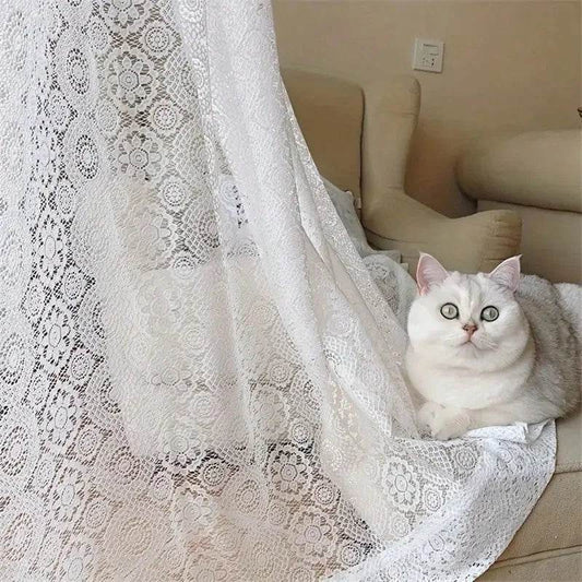 2pcs white lace embroidered mesh knitted sheer curtains in a French retro romantic style - Loft&Timber