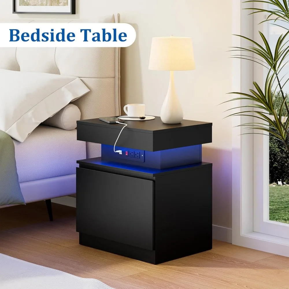 contemporary black nightstand with charging port and flip-top design for bedrooms
