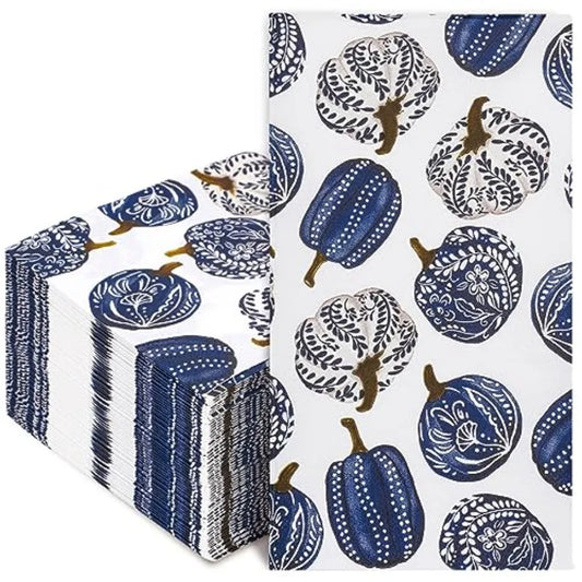 80 Pack Porcelain Pumpkins Guest napkins Disposable Blue Botanical Leaves