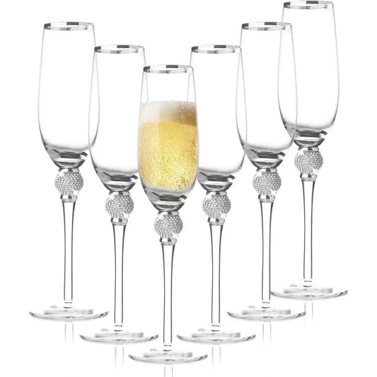 Elegant Crystal Champagne Flutes with Silver Rim and Sparkling Rhinestone Accents