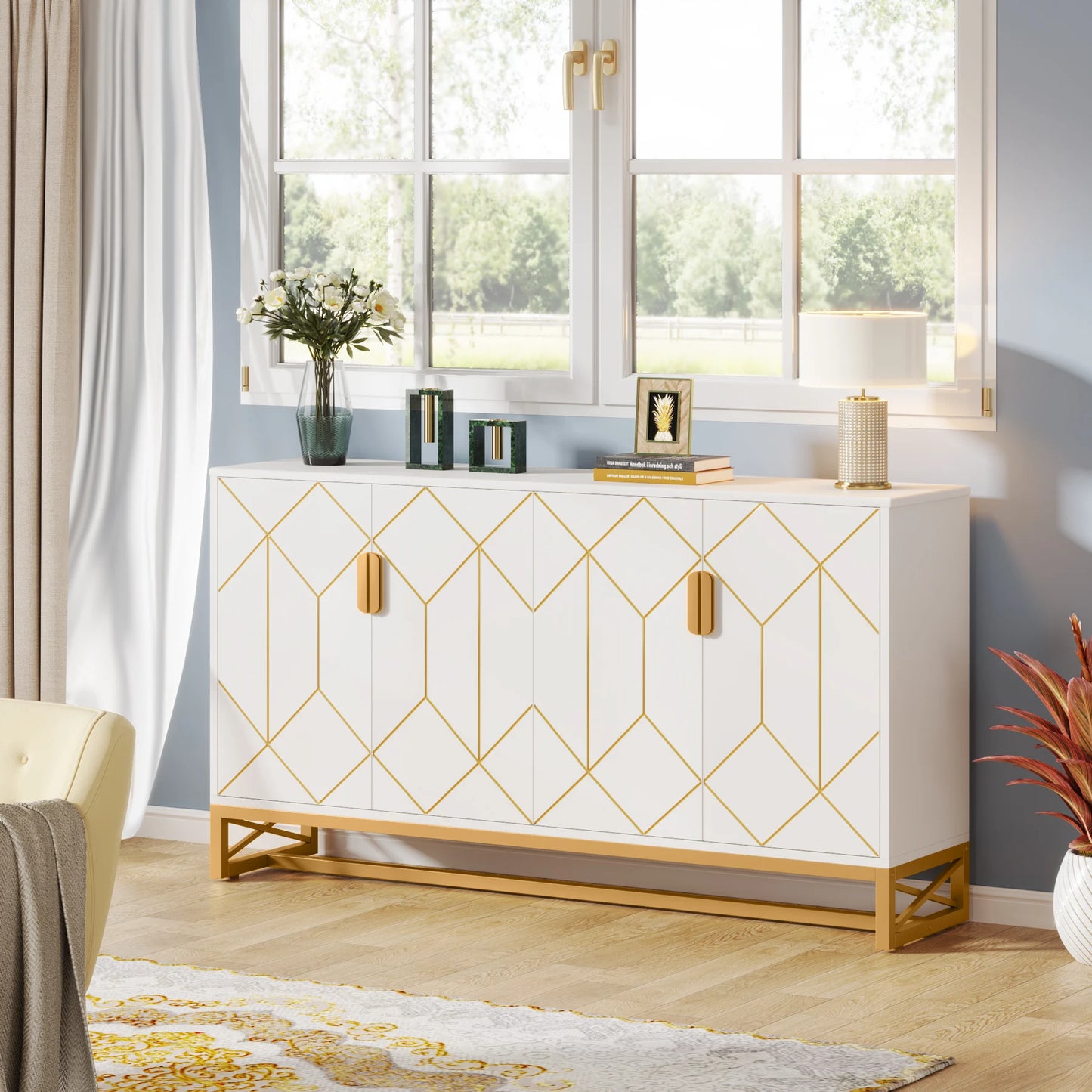 Tribesigns 59" White Gold Buffet Cabinet with Storage - Loft&Timber
