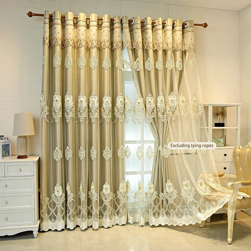 Elegant Double-Layer Curtains with Embossed Base & 3D Embroidered Detailing - Loft&Timber